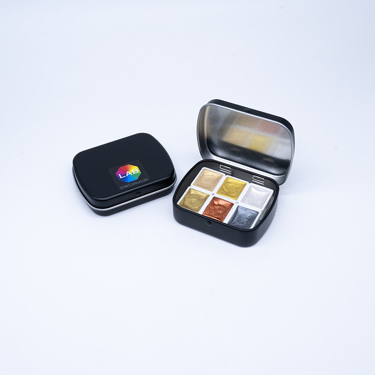 Artist Watercolour Set - Gold & Silver Series,  6 colours x 1/2 pans in small tin box 藝術級水彩套裝 (#2201 Series) - 金銀系列, 6色 x 半盤, 小鐵盒